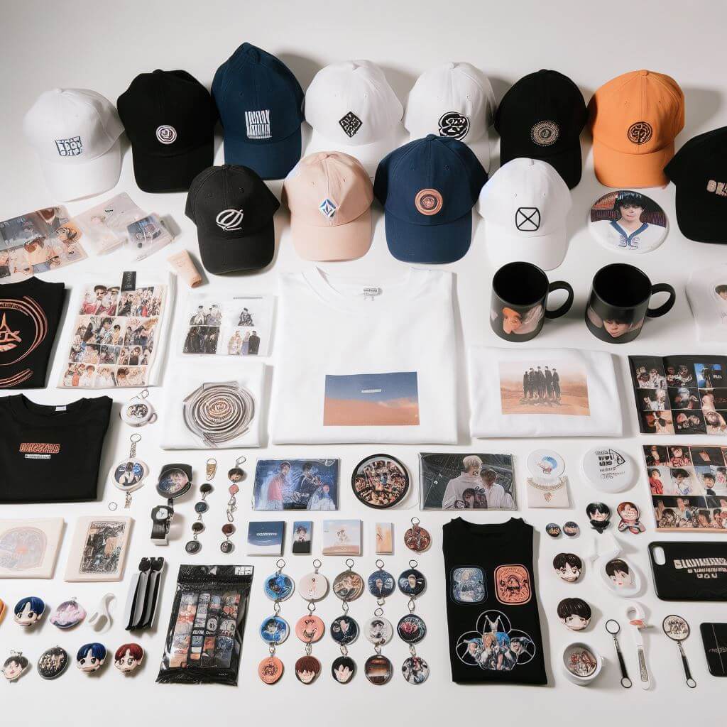Koleksi Merchandise Beragam: Kaos, Topi, Kunci, Mug.