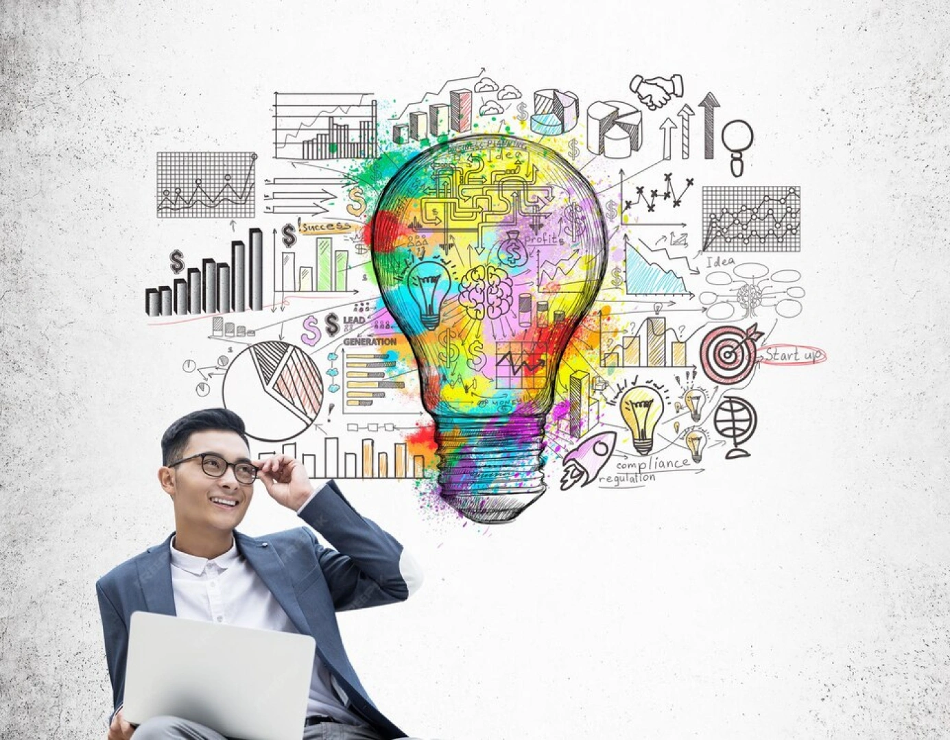 Pebisnis Dengan Laptop Merenungkan Inovasi Di Depan Gambar Ide Kreatif Dan Strategi Bisnis.