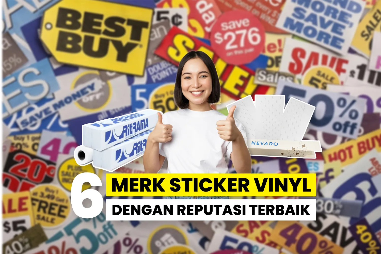 Wanita Menunjukkan Jempolnya Di Depan Produk Stiker Vinyl Roll Berkualitas Dengan Latar Belakang Berbagai Iklan Promosi.