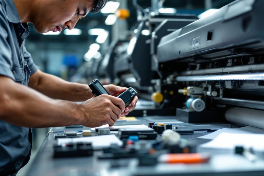 Operator Sedang Melakukan Perawatan Rutin Pada Mesin Digital Printing.