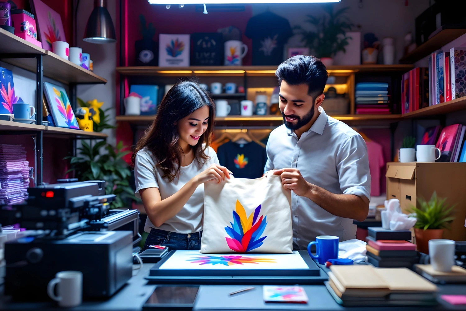 Seorang Pebisnis Sedang Mencetak Produk Merchandisenya.