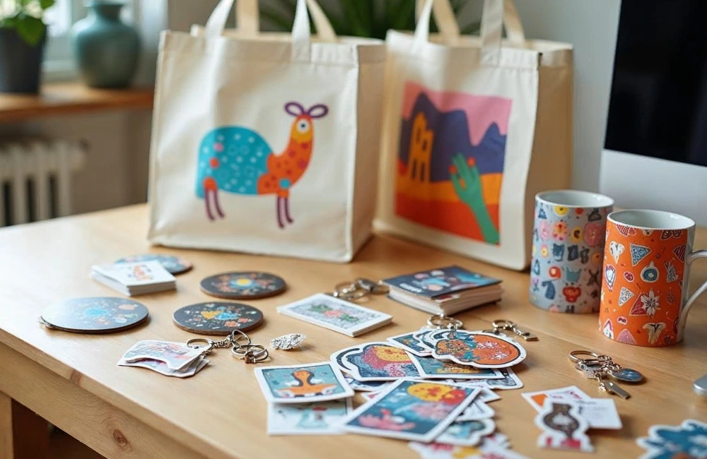 Contoh Produk Merchandise Seperti Tote Bag, Sticker, Keychain, Dan Mug Dengan Biaya Produksi Rendah.