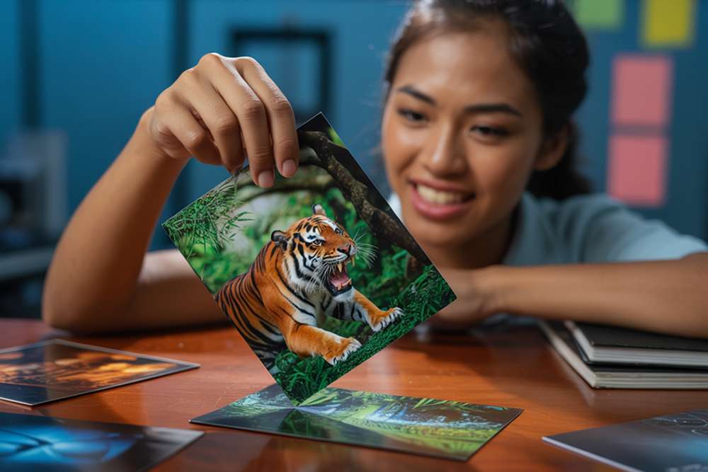 Contoh Media Cetak Lenticular Yang Menampilkan Gambar Berubah Saat Sudut Pandang Digeser, Menghasilkan Efek 3D Dan Animasi.