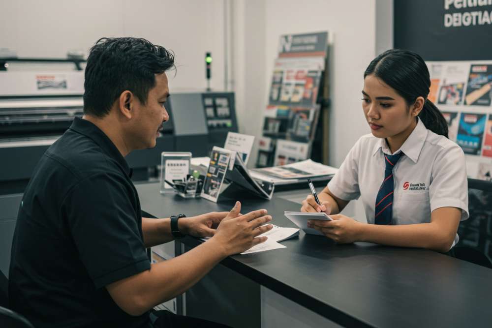 Staf Digital Printing Mendengarkan Pelanggan Dengan Ekspresi Serius Dan Mencatat Keluhan Untuk Ditindaklanjuti Dengan Baik.