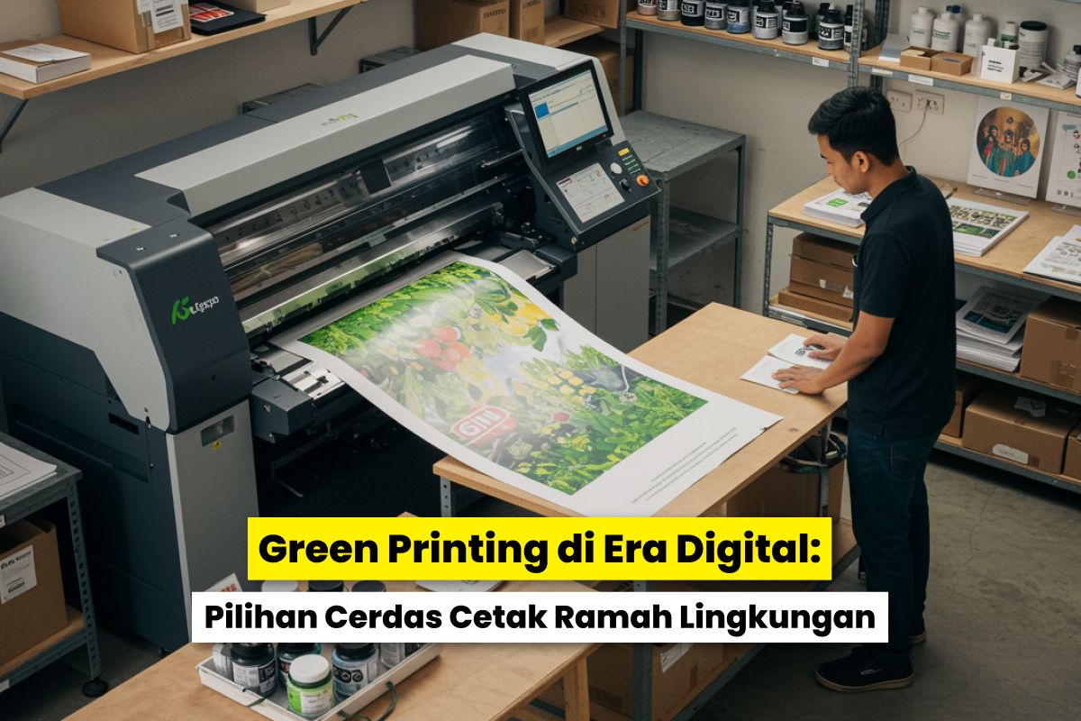 Ilustrasi Digital Printing Ramah Lingkungan Sebagai Solusi Pengganti Percetakan Tradisional Yang Mencemari Lingkungan.