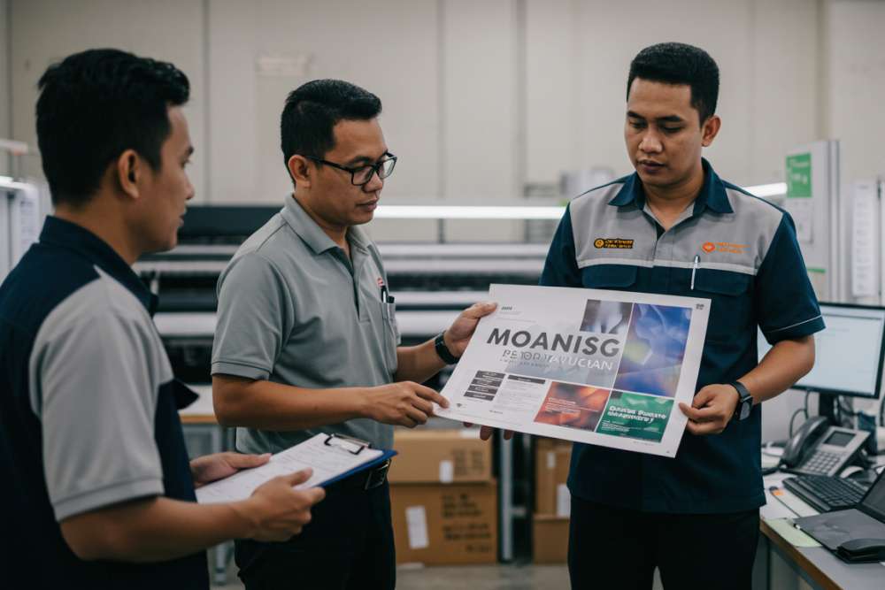 Tim Manajemen Digital Printing Berdiskusi Sambil Meninjau Laporan Keluhan Pelanggan Untuk Memperbaiki Kualitas Layanan Dan Operasional.