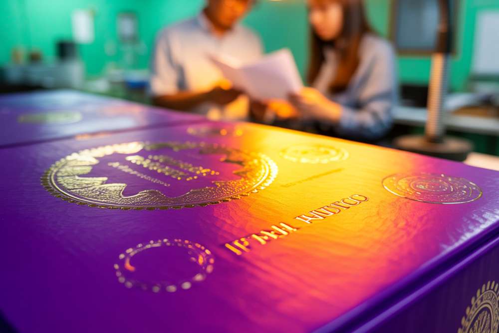 Contoh Hasil Cetak Kemasan Dengan Finishing Premium Seperti Emboss, Spot Uv, Dan Hot Stamping Yang Memberikan Kesan Mewah Dan Eksklusif.