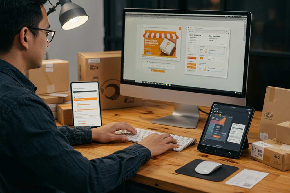 Pelaku Bisnis Printing Mengatur Dashboard Toko Online Yang Terhubung Dengan Sistem Cetak Digital Dan Layanan Pengiriman Otomatis.
