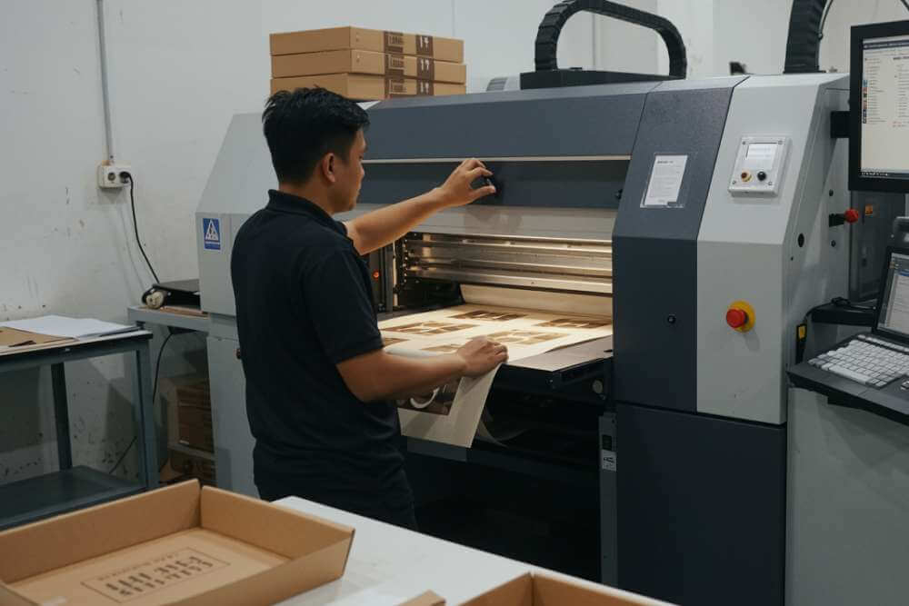 Operator Mengatur Mesin Cetak Digital Untuk Mencetak Kemasan Custom Sesuai Pesanan Dengan Sistem Print On Demand.