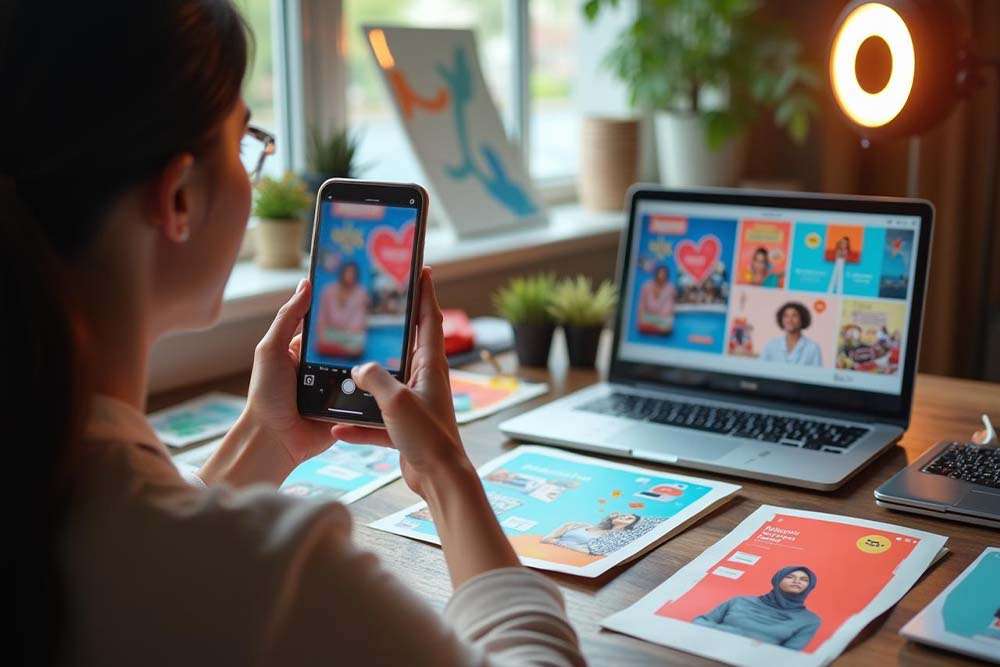 Akun Media Sosial Bisnis Digital Printing Menampilkan Portofolio Desain, Video Proses Cetak, Dan Testimoni Pelanggan.