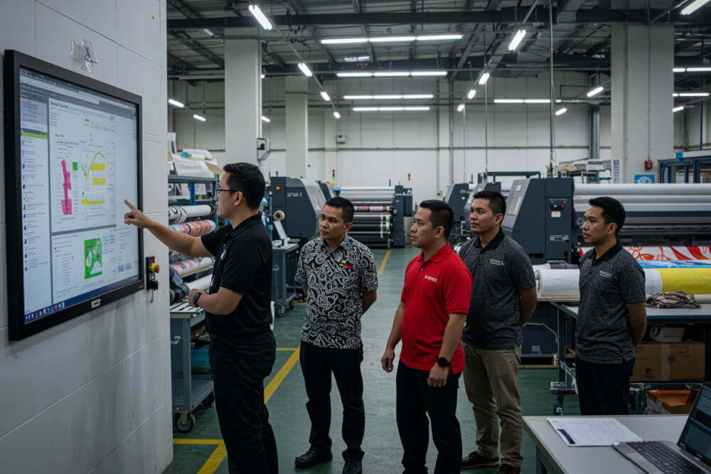 Dashboard Sistem Erp Menampilkan Status Produksi Cetak Digital Secara Real-Time Di Layar Komputer.