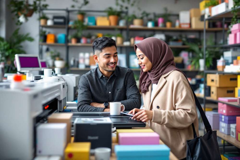 Ilustrasi Bisnis Percetakan Yang Berkembang Dengan Diversifikasi Layanan Seperti Cetak Kemasan, Merchandise, Dan Layanan Digital Printing Custom.