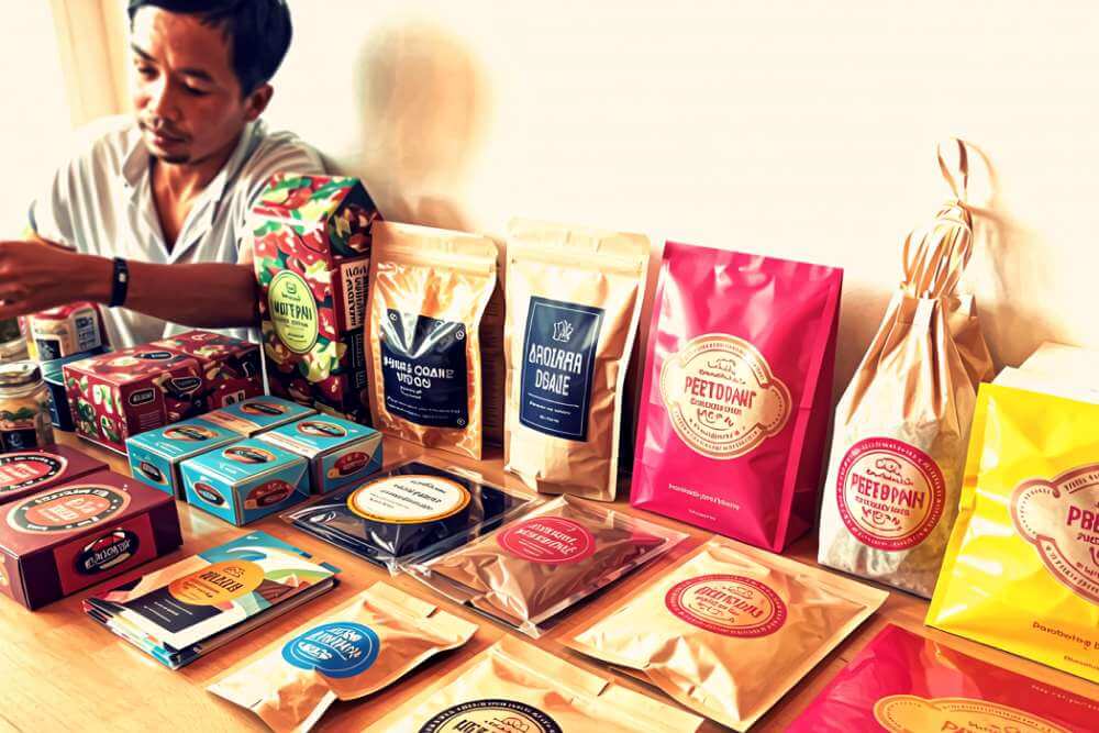 Beragam Produk Print On Demand Seperti Kemasan Pouch, Stiker Label, Box Makanan, Dan Tas Kertas Dengan Desain Custom.