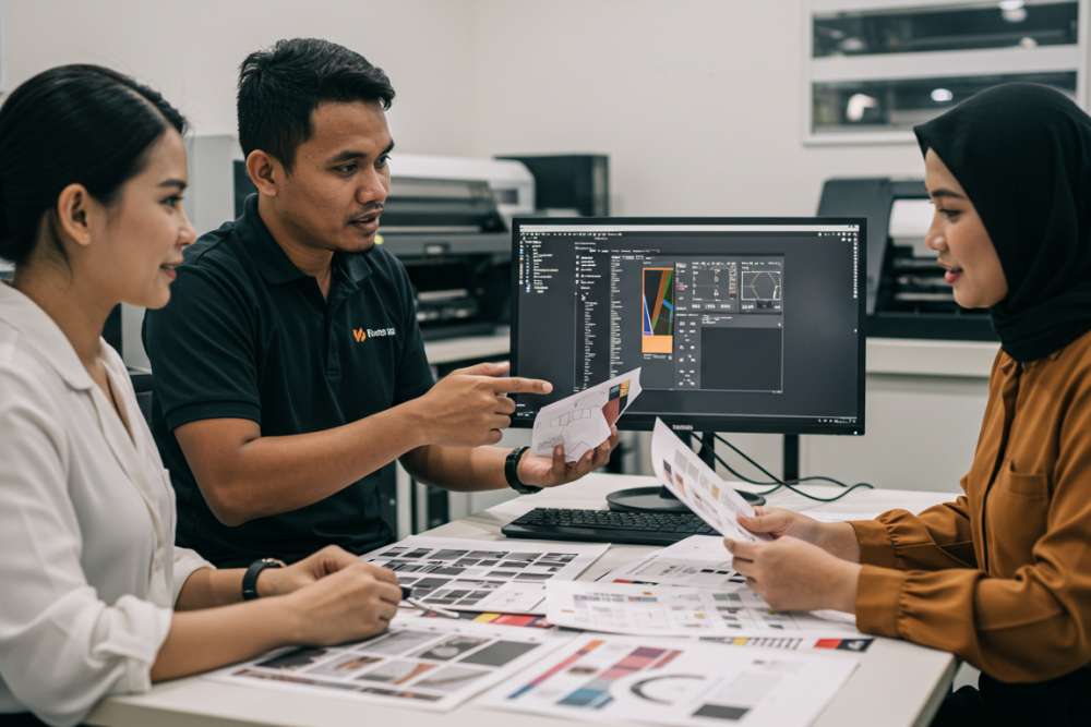 Staf Digital Printing Memberikan Solusi Konkret Kepada Pelanggan, Seperti Penggantian Produk Atau Revisi Desain, Secara Cepat Dan Profesional.