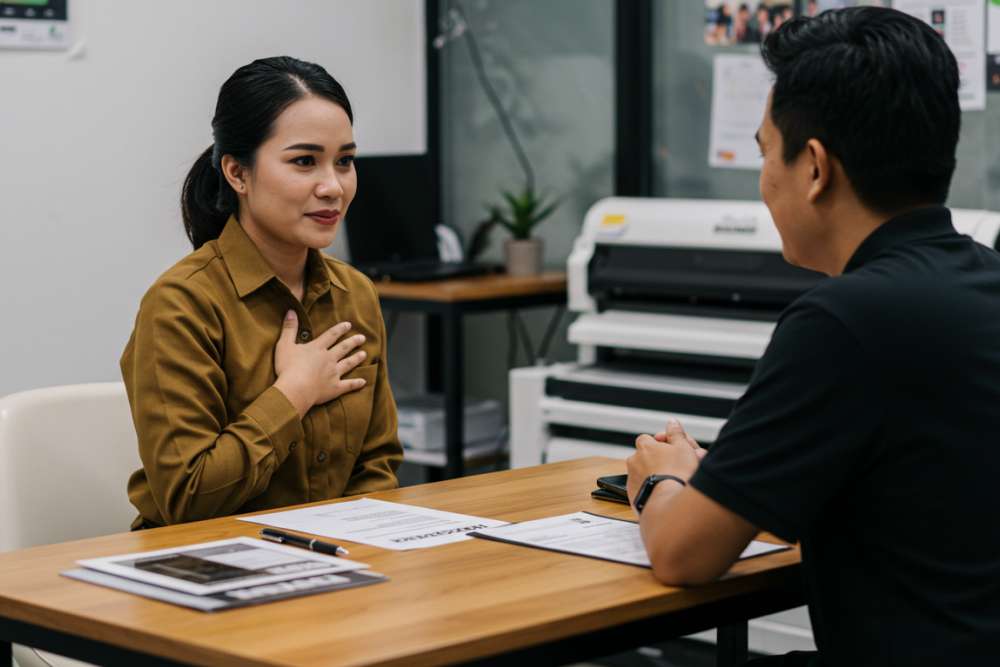 Staf Digital Printing Tersenyum Sambil Mengucapkan Terima Kasih Kepada Pelanggan Yang Memberikan Masukan, Menunjukkan Sikap Apresiatif.