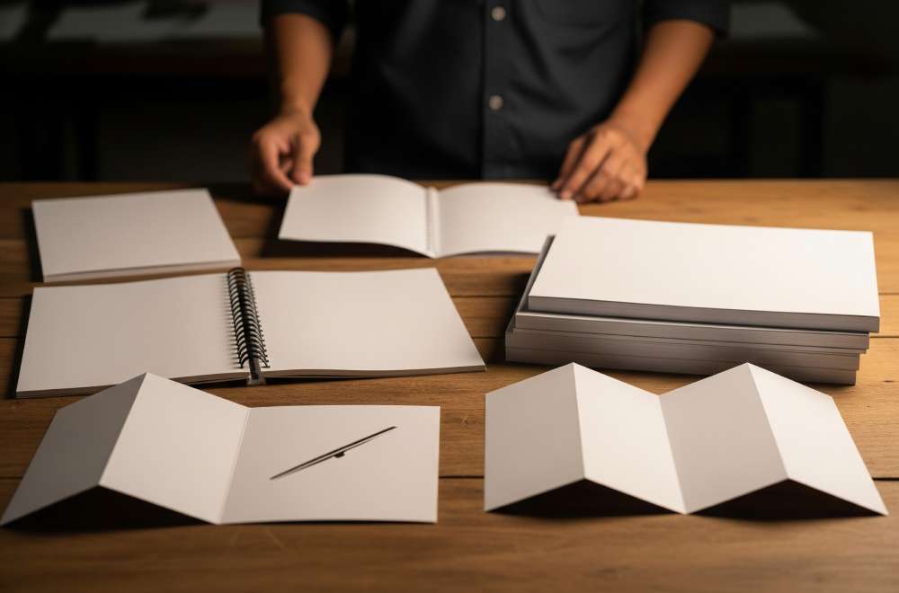 Beragam Jenis Binding Seperti Jilid Lem Panas (Perfect Binding), Kawat (Saddle Stitch), Dan Spiral, Serta Contoh Berbagai Teknik Lipatan (Folding) Seperti Tri-Fold Dan Gate Fold.