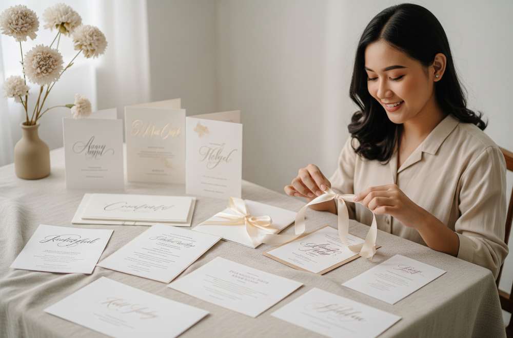 Desain Undangan Elegan Dan Kartu Ucapan Personal Dengan Kombinasi Font Script Dan Serif, Menciptakan Nuansa Formal Dan Eksklusif Pada Hasil Cetak.