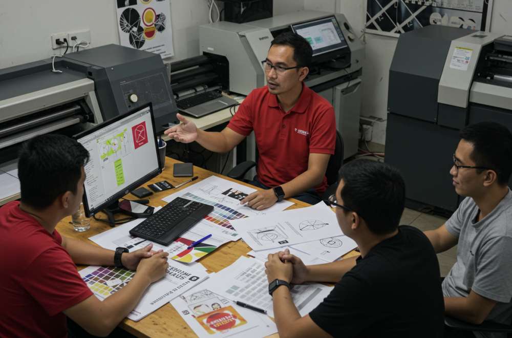 Seorang Staf Digital Printing Sedang Memberikan Penjelasan Kepada Klien Dan Karyawan Baru Mengenai Pentingnya Penggunaan Desain Legal Dan Original.