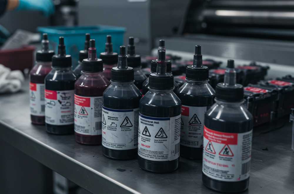 Close-Up Botol Limbah Tinta Digital Printing Berwarna Pekat Dengan Label Peringatan Bahan Kimia Di Area Produksi.