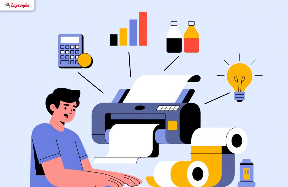 Diagram Komponen Biaya Dalam Bisnis Digital Printing Seperti Mesin, Tinta, Dan Operasional.