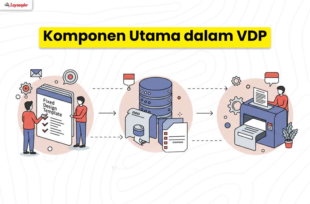 Diagram Alur Variable Data Printing Yang Menunjukkan Hubungan Antara Template Desain, Database Variabel, Dan Mesin Cetak Digital.