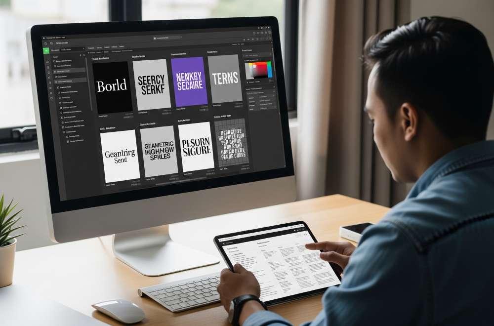 Ilustrasi Berbagai Gaya Font Modern Yang Sedang Tren, Disertai Catatan Lisensi Pada Layar Komputer Untuk Menyoroti Pentingnya Legalitas Penggunaan Font Dalam Desain Cetak.