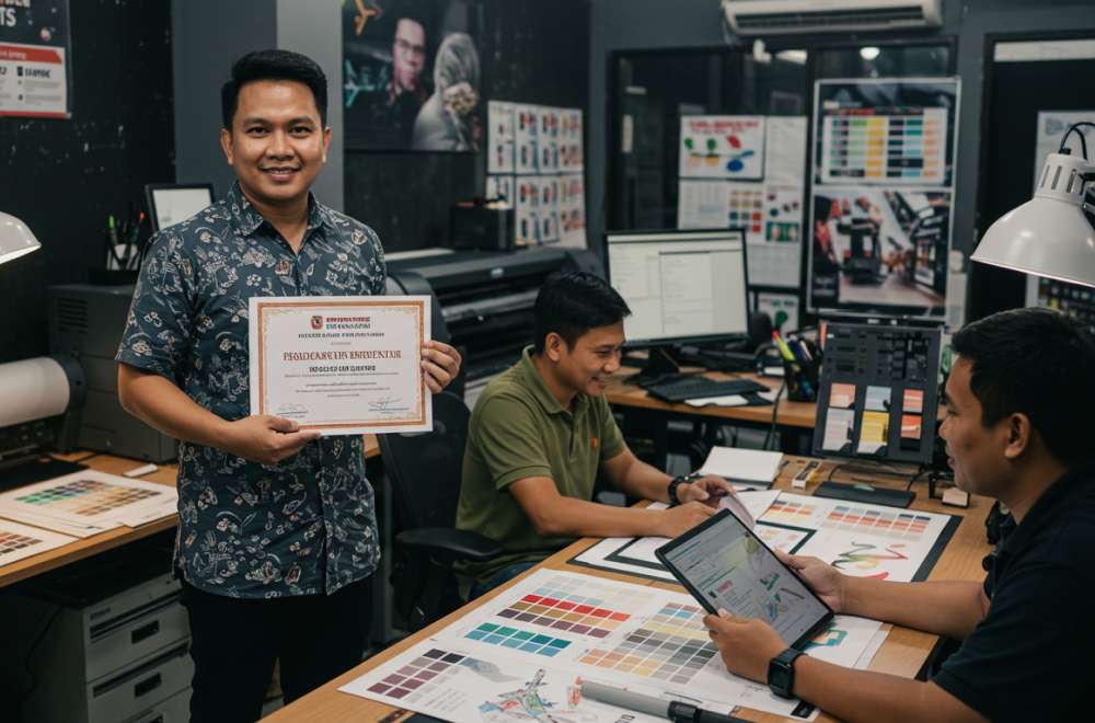 Pemilik Usaha Digital Printing Menunjukkan Sertifikat Lisensi Resmi Sambil Tersenyum, Menandakan Bisnis Yang Taat Hukum Dan Terpercaya.