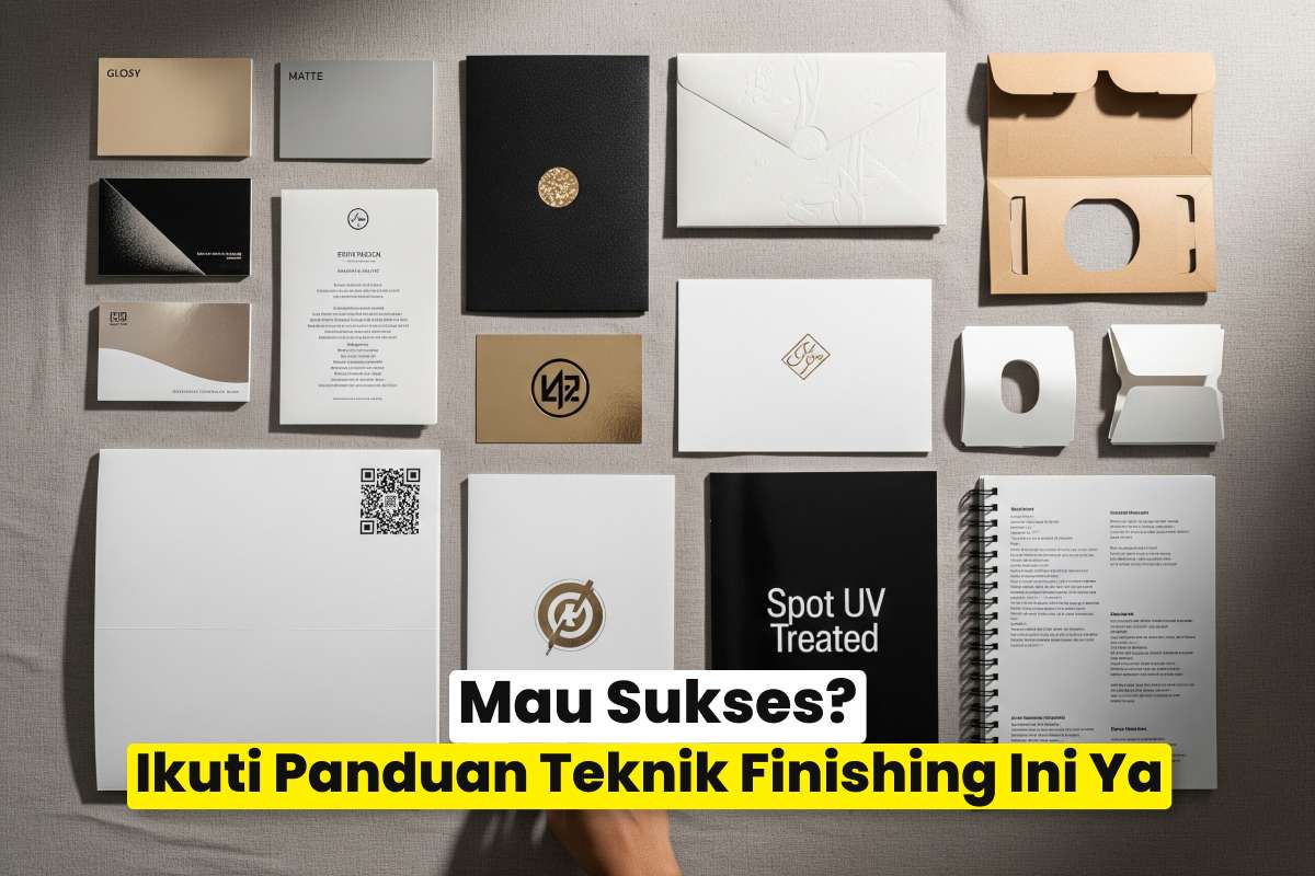 Kolase Visual Berbagai Teknik Finishing Digital Printing Seperti Laminasi, Spot Uv, Emboss, Foil Stamping, Die Cutting, Dan Binding Dalam Satu Layout Informatif.
