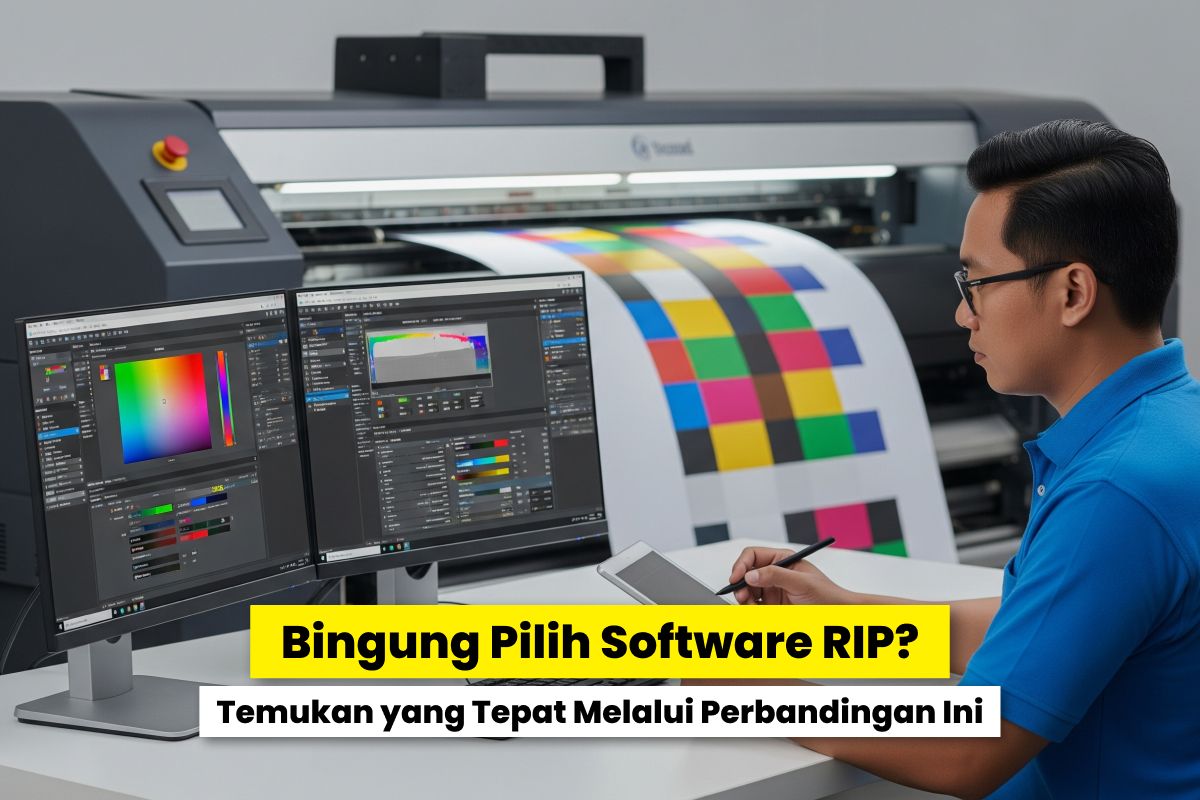 Ilustrasi Pemilik Bisnis Digital Printing Sedang Memilih Software Rip Terbaik Untuk Usahanya.
