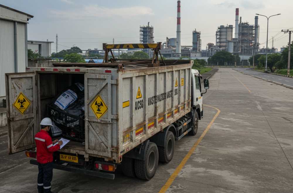 Truk Pengangkut Limbah B3 Dari Industri Digital Printing Dengan Simbol Bahaya, Menuju Fasilitas Pengolahan Limbah Resmi Yang Dilengkapi Alat Pemusnah.