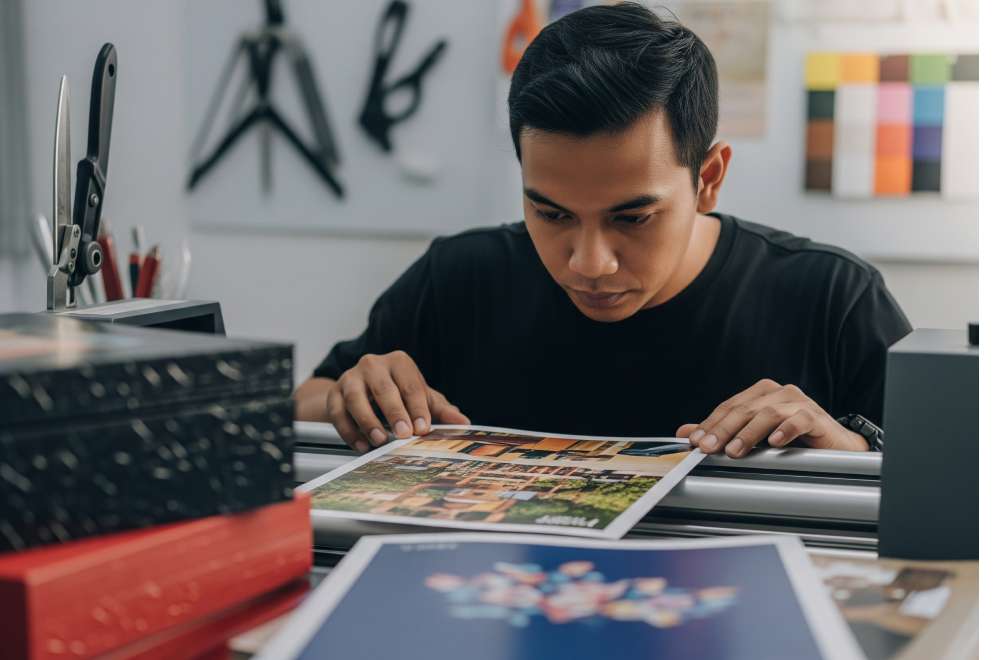 Proses Finishing Digital Printing Seperti Laminasi, Cutting, Dan Embossing Pada Produk Cetak Seperti Katalog Dan Kemasan Produk.