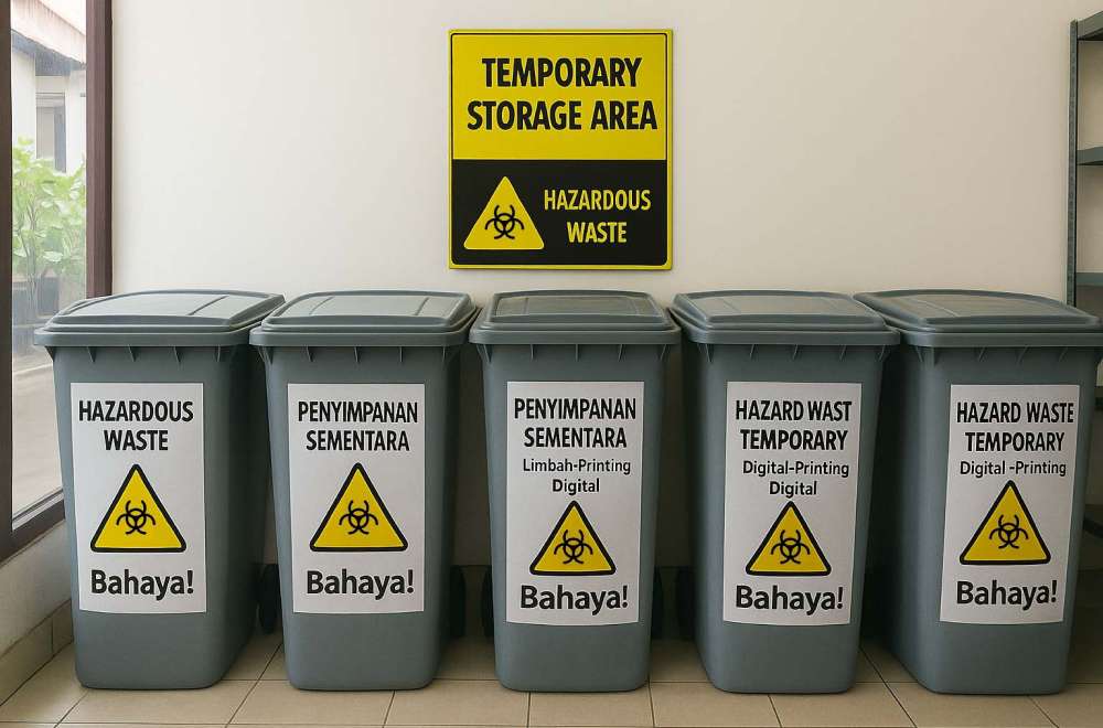 Area Penyimpanan Sementara Limbah Digital Printing Dengan Kontainer Tertutup, Label Limbah B3, Dan Tanda Peringatan Jelas.