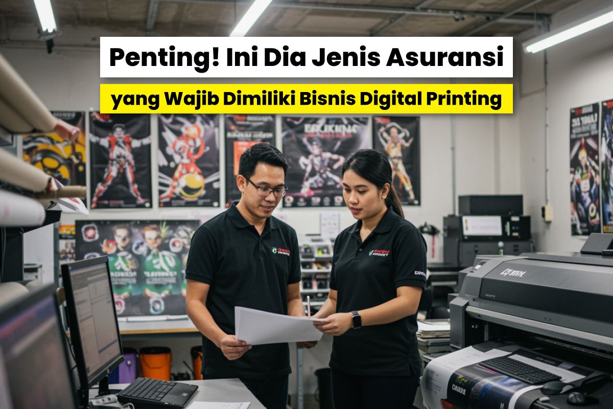 Ilustrasi Perlindungan Bisnis Digital Printing Dengan Asuransi Terhadap Risiko Seperti Kerusakan Mesin Dan Kebakaran.