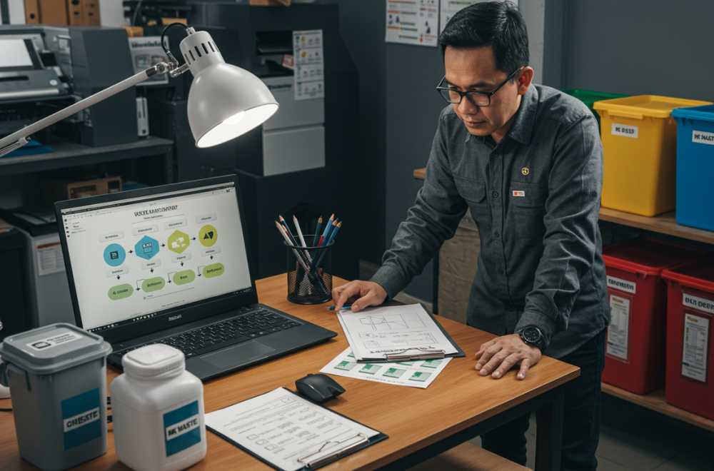 Pemilik Usaha Digital Printing Sedang Meninjau Sistem Pengelolaan Limbah Di Tempat Kerja Dengan Diagram Alur Pengelolaan Terpampang Di Layar Laptop.
