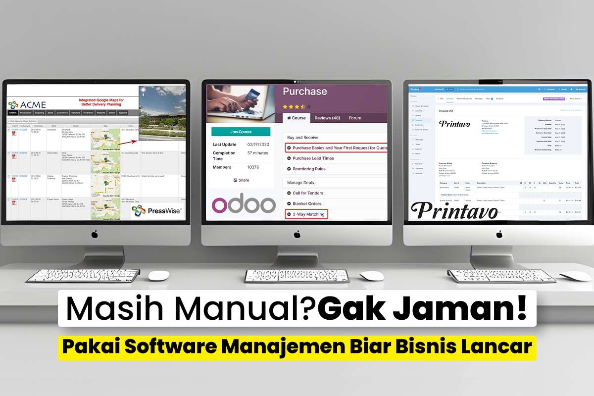 Tampilan Antarmuka Beberapa Software Manajemen Percetakan Seperti Printavo, Presswise, Dan Odoo, Menampilkan Fitur Order Tracking, Produksi, Dan Stok Bahan Baku.