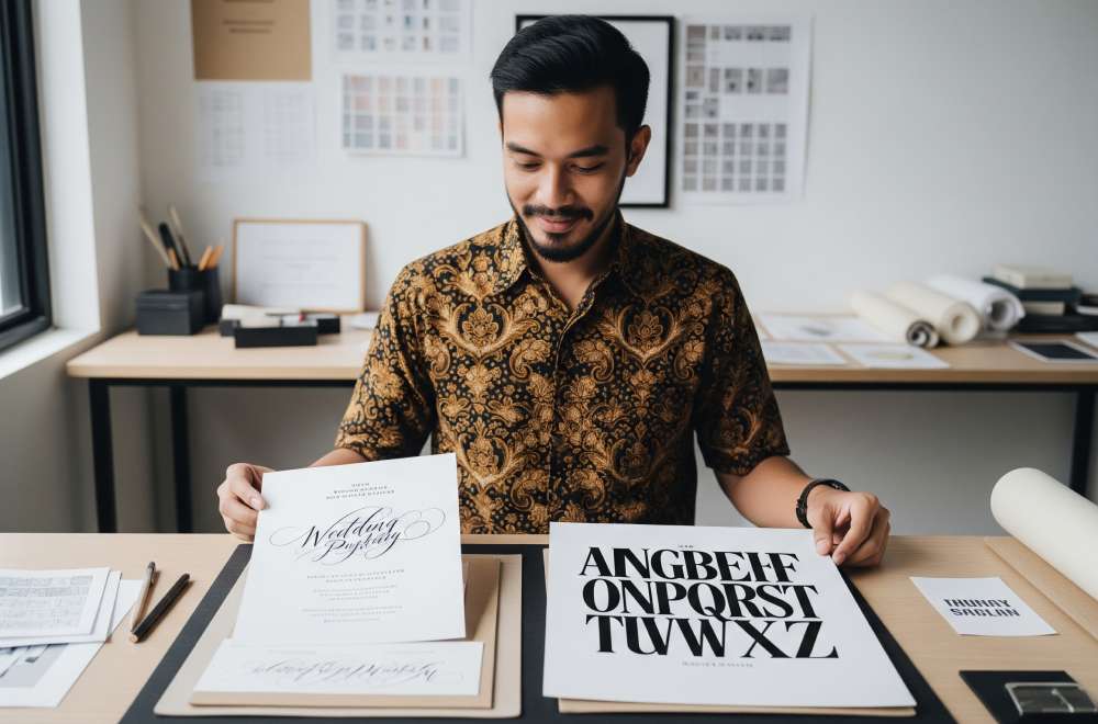 Contoh Desain Cetak Yang Menggunakan Font Script Untuk Undangan Dan Font Display Untuk Poster Promosi, Memperlihatkan Karakter Khas Dan Ekspresif.