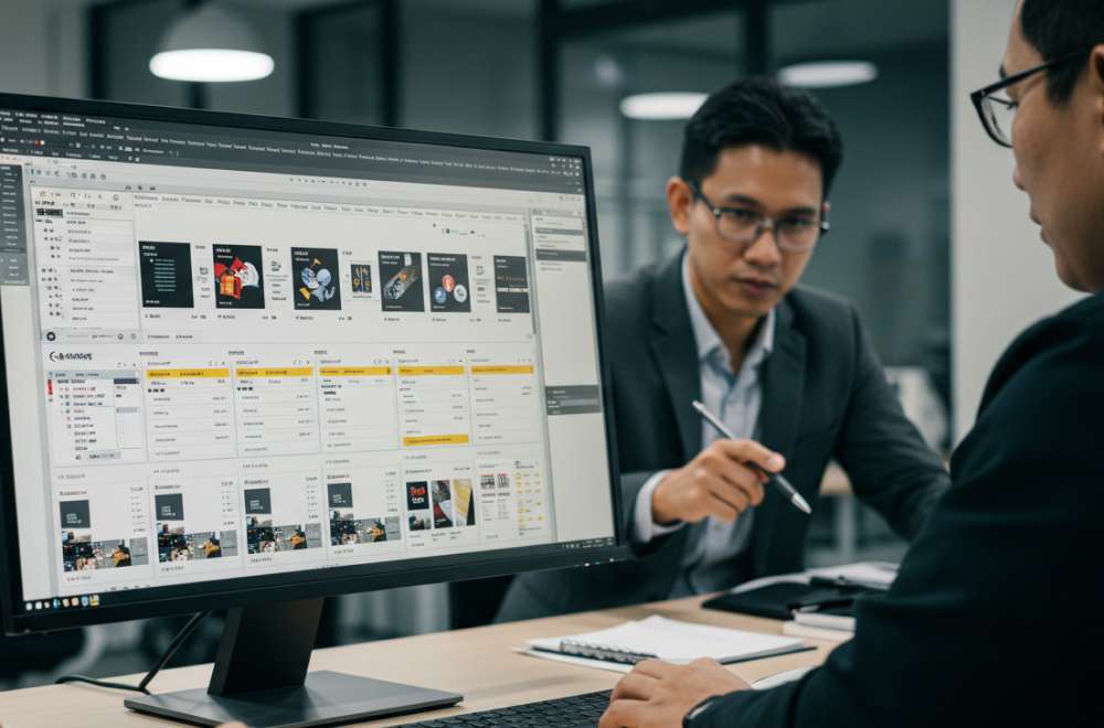 Antarmuka Software Variable Data Printing Menampilkan Pengaturan Layout Dengan Data Variabel Seperti Nama, Barcode, Dan Gambar Berbeda Di Tiap Halaman.