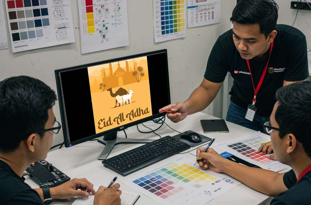 Tim Produksi Digital Printing Berdiskusi Di Depan Layar Dan Hasil Cetak, Membandingkan Warna Dan Mencatat Solusi Koreksi Warna Berbasis Profil Icc.