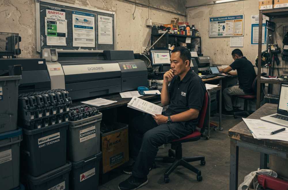 Ilustrasi Pengusaha Digital Printing Menghadapi Hambatan Seperti Mesin Rusak, Tumpukan Limbah, Dan Persaingan Pasar, Disertai Ikon Solusi Seperti Pelatihan, Teknologi Baru, Dan Sistem Pengelolaan Limbah.
