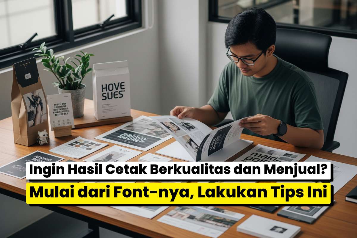 Kolase Berbagai Contoh Produk Digital Printing, Seperti Banner, Undangan, Kemasan, Dan Brosur, Dengan Beragam Pilihan Font Yang Sesuai Dengan Fungsinya Masing-Masing.