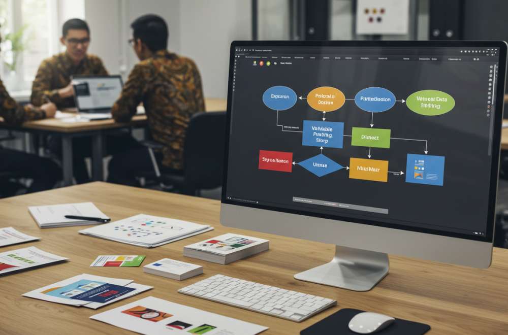 Diagram Alur Proses Vdp Dari Pembuatan Template Hingga Cetak, Disertai Contoh Hasil Cetak Personalisasi Seperti Kartu Nama Dan Direct Mail Unik.