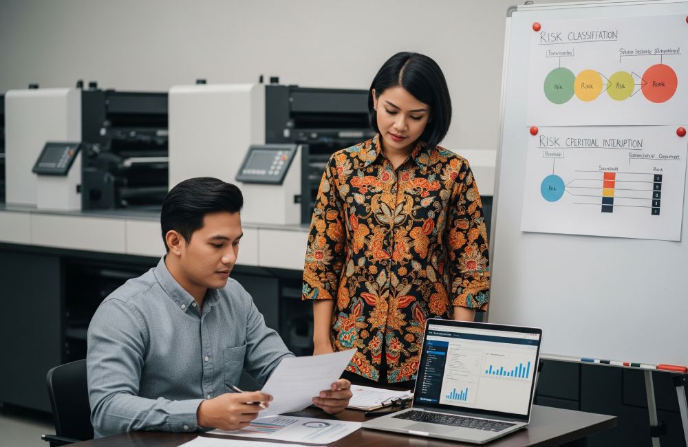 Dua Orang Profesional Sedang Menganalisis Data Risiko Usaha Dengan Latar Mesin Cetak Dan Papan Klasifikasi Risiko