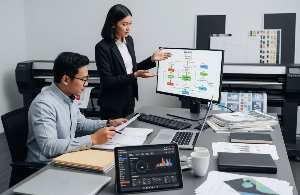 Dua Orang Profesional Sedang Berdiskusi Di Kantor Dengan Monitor Menampilkan Alur Perubahan Kbli