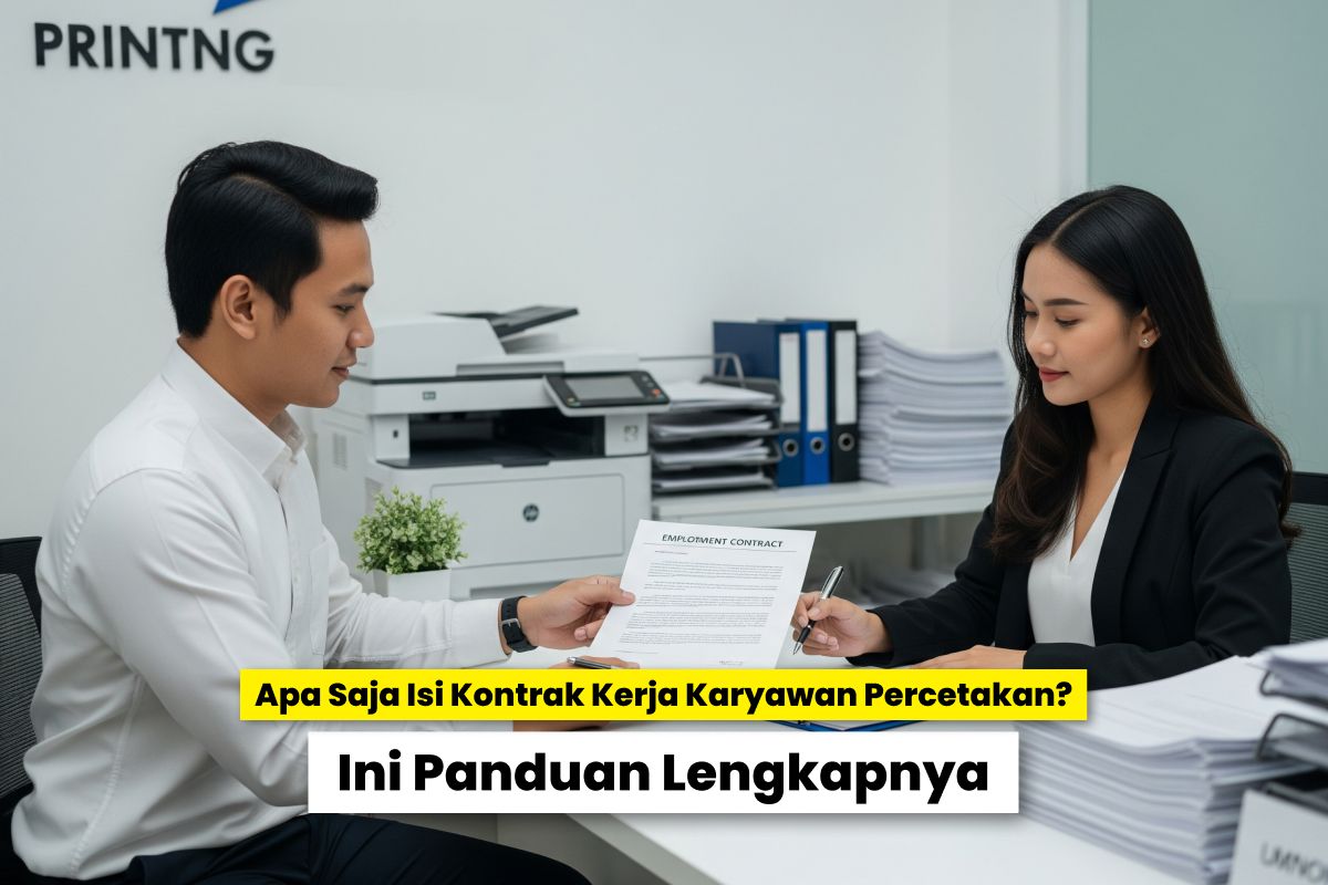 Dua Orang Sedang Berdiskusi Sambil Memegang Dokumen Kontrak Kerja Di Kantor Percetakan