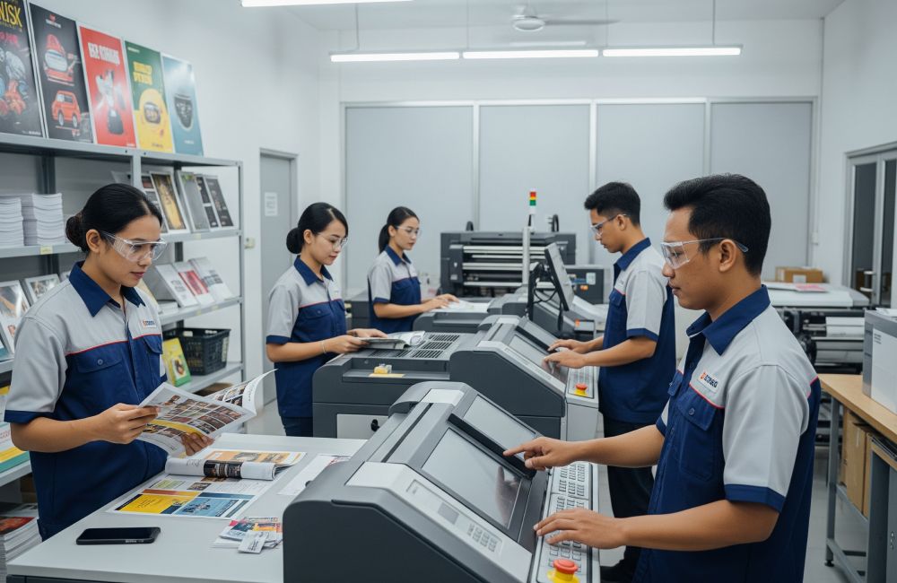 Beberapa Operator Mesin Cetak Sedang Bekerja Di Pabrik Percetakan Dengan Peralatan Modern