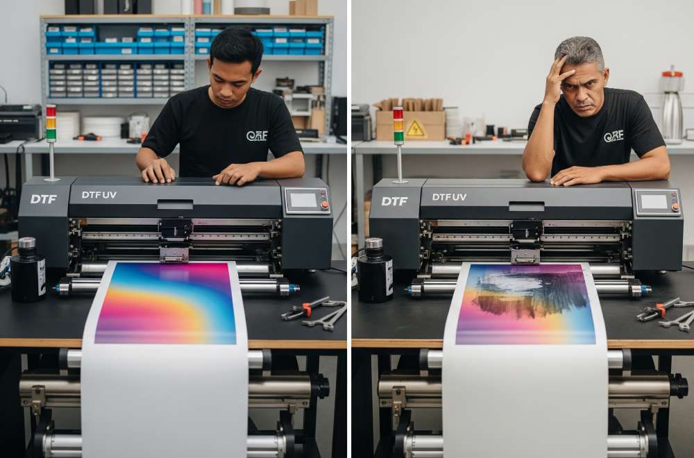 Ilustrasi Perbandingan Dua Printer Dtf Uv: Satu Terawat Dengan Hasil Cetak Tajam Dan Stabil, Lainnya Bermasalah Karena Printhead Jarang Dibersihkan.