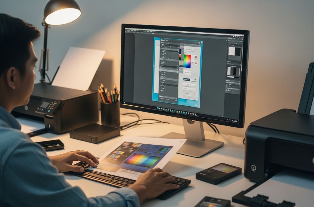 Desainer Sedang Memilih Format File Dan Mode Warna Di Komputer Untuk Kebutuhan Cetak Profesional