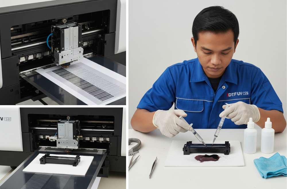 Teknisi Memperlihatkan Dua Metode Penanganan Clog Printhead: Nozzle Check Untuk Clog Ringan, Dan Deep Cleaning Atau Manual Flushing Untuk Clog Berat Yang Membandel.