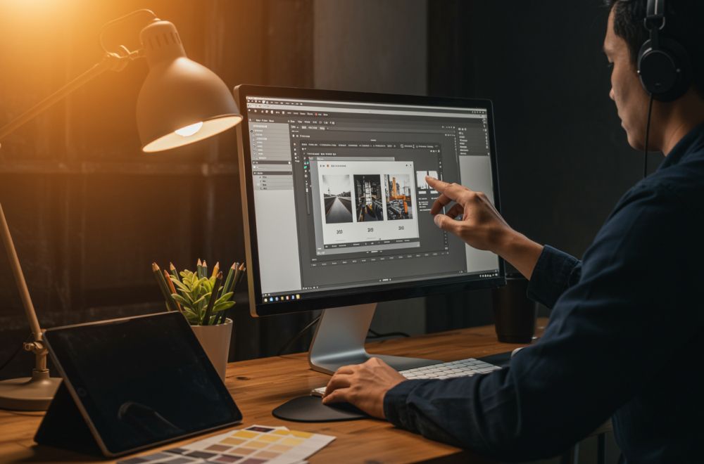 Desainer Sedang Mengatur File Desain Di Komputer Dengan Memperhatikan Resolusi Dan Tata Letak Gambar