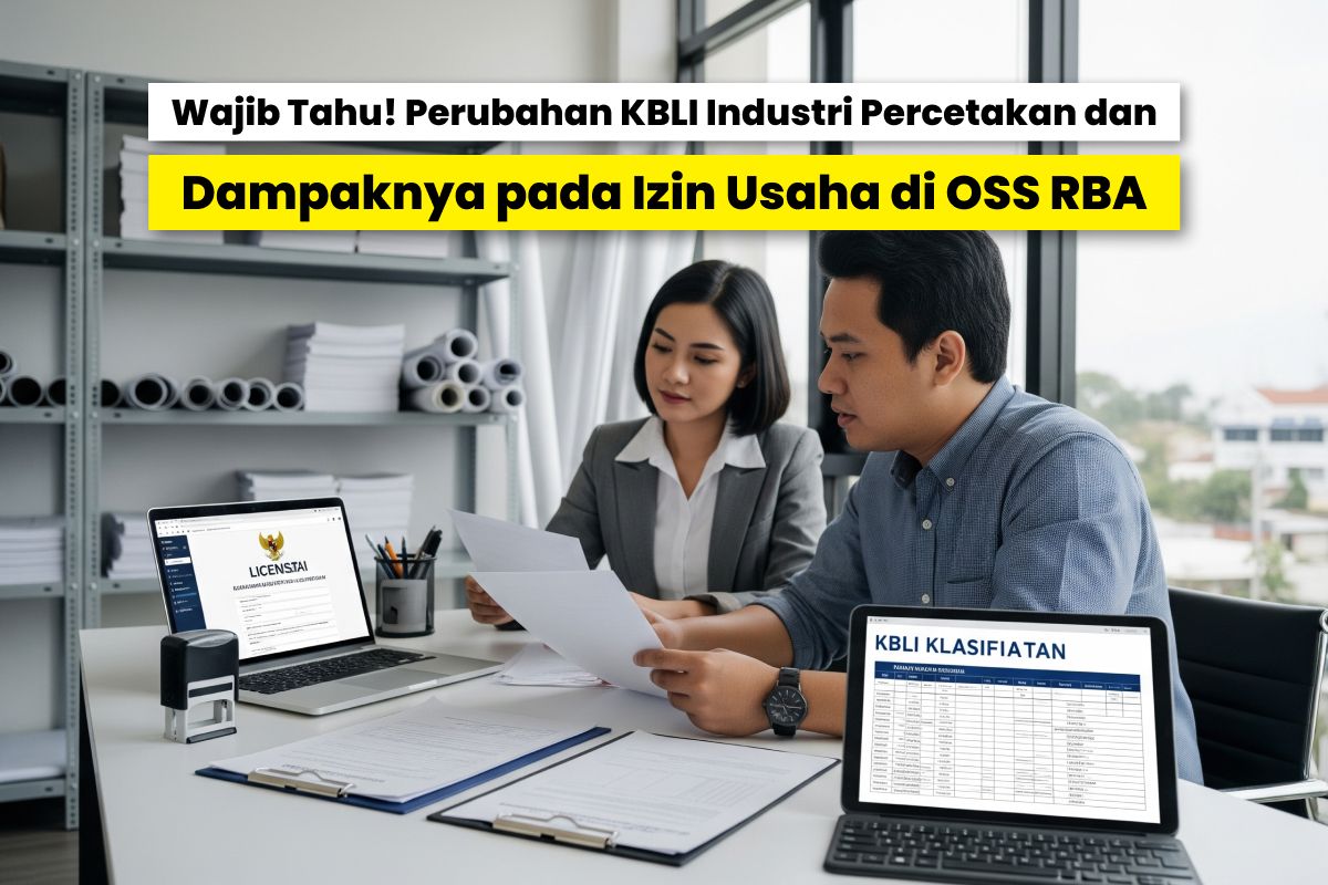 Dua Orang Profesional Sedang Mendiskusikan Dokumen Perizinan Usaha Dengan Latar Belakang Laptop Yang Menampilkan Klasifikasi Kbli